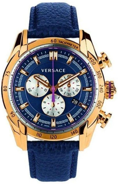 Versace Chronograph, Goldfarben, Edelstahl, Leder, Blau, Quarz, 44 mm, Herren - Bild 1