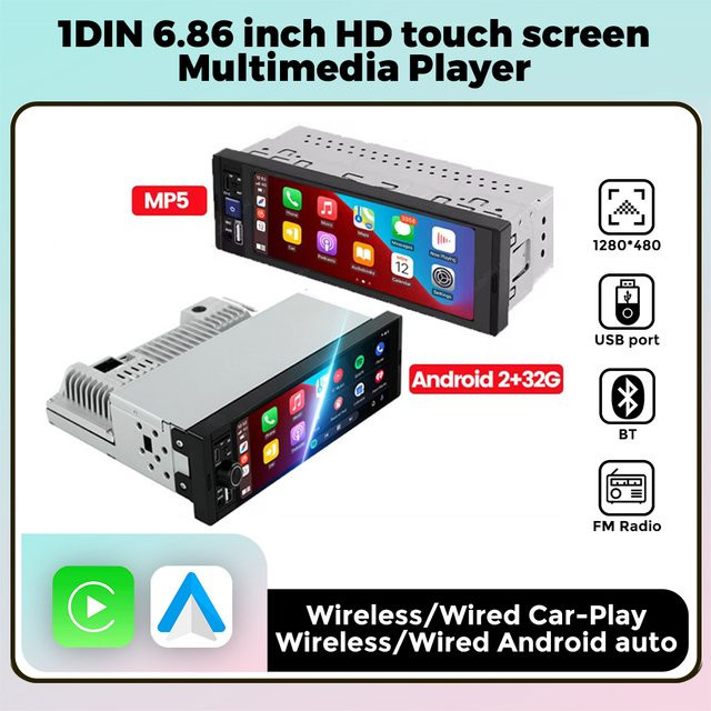 MEKEDE Universal 1DIN Auto Radio mit 6,86 Zoll Multimedia Smart Screen, Wireless CarPlay, Android Auto, Bluetooth, USB und FM in Schwarz - Bild 1