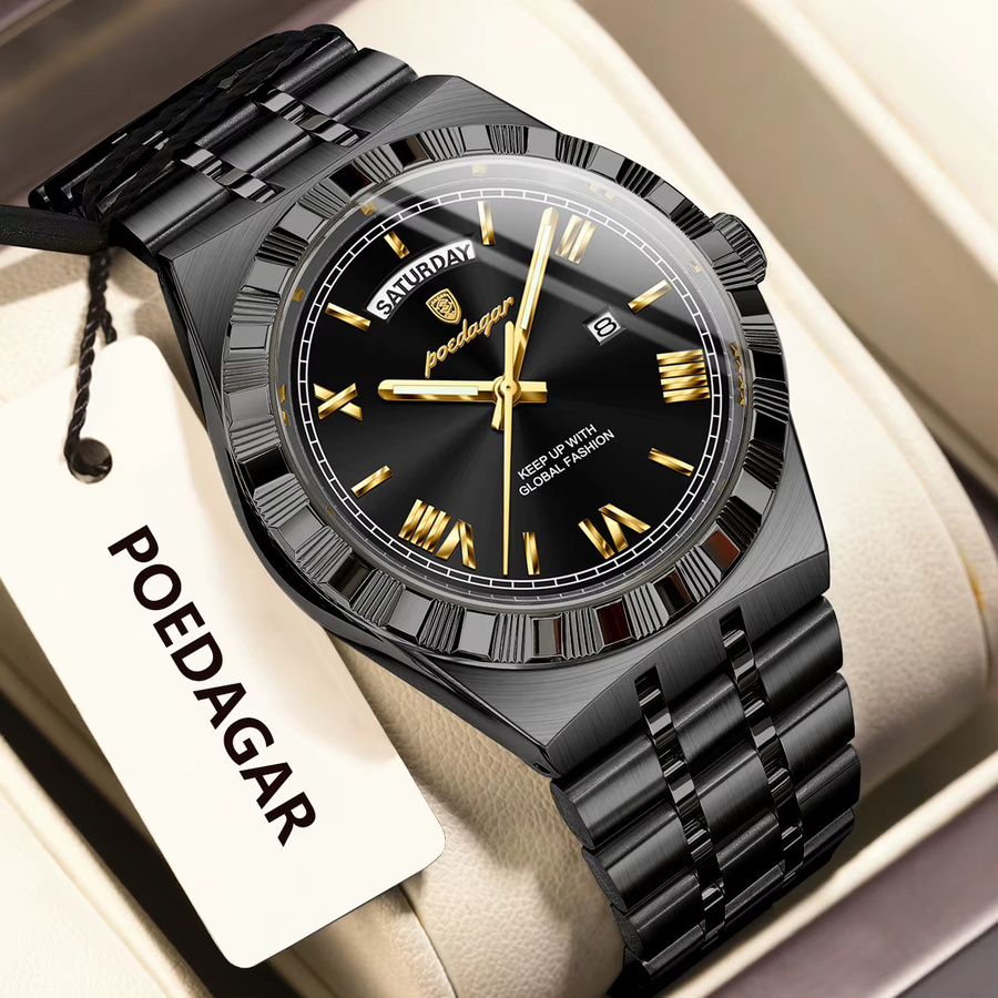 POEDAGAR Armbanduhr Quarz, Edelstahl, Schwarz, Silber, Herren - Bild 2