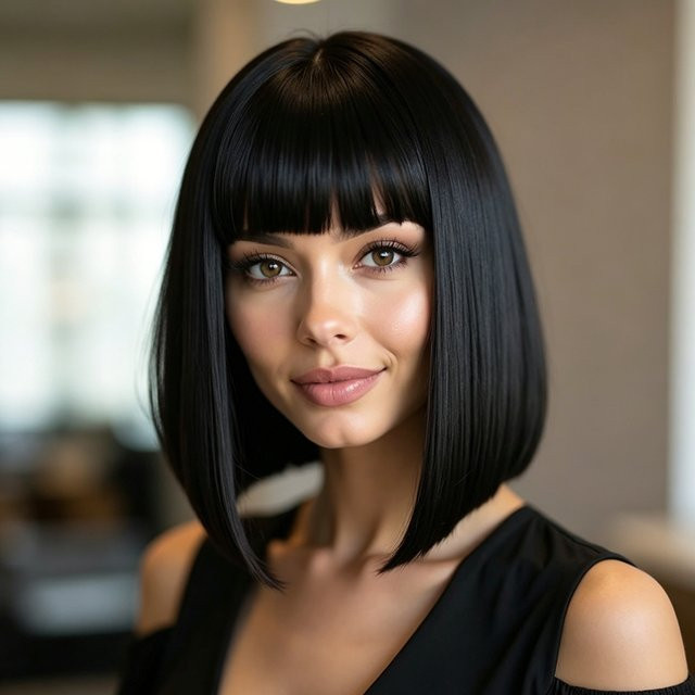 OYM HAIR Bob-Perücke aus Echthaar, 10 Zoll, schwarz, glatt mit Pony, Damen - Bild 1