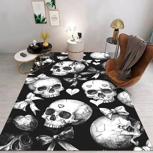 Karpetti Druckteppich Rose Skull in Schwarz-Weiß, B/T: 80 x 50 cm - Bild 1
