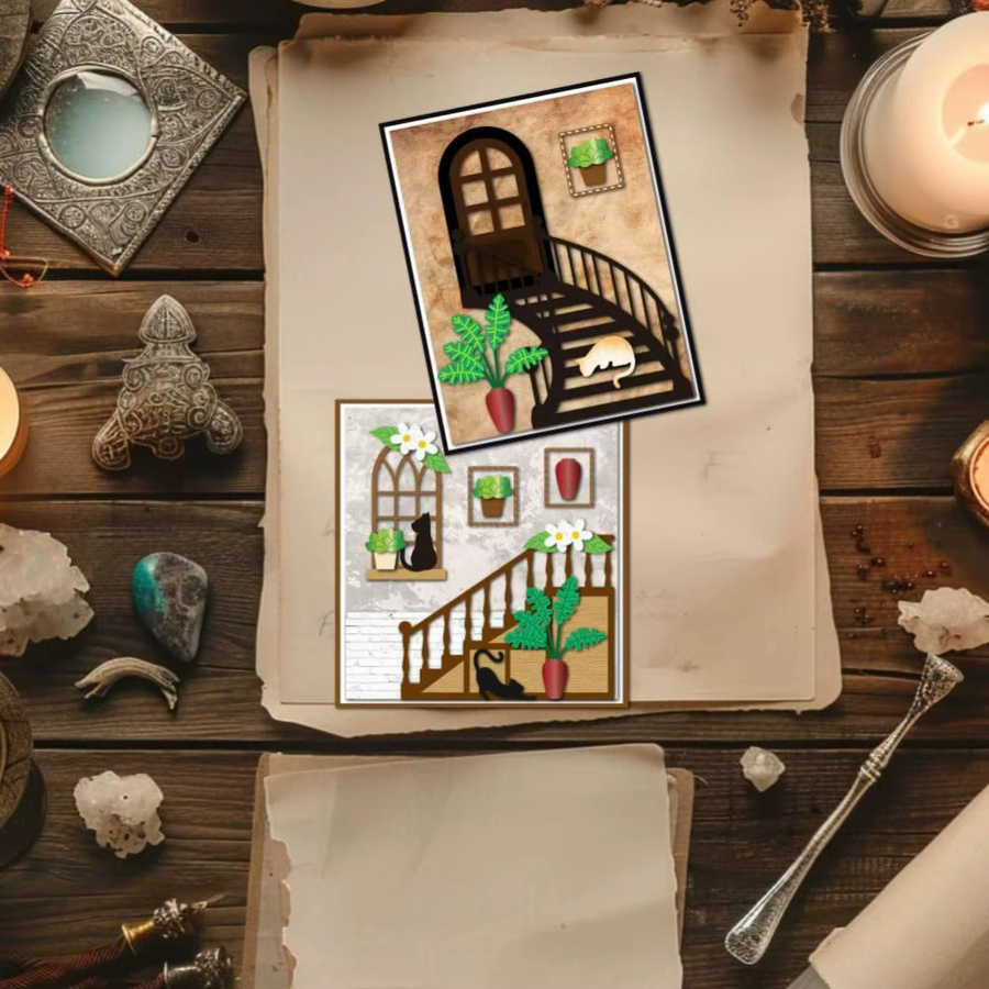 Silberne Stanzformen für Scrapbooking und Bastelarbeiten mit Katzen- und Pflanzenmotiven sowie Treppen- und Fensterformen für Papier und Tagebücher - Bild 5