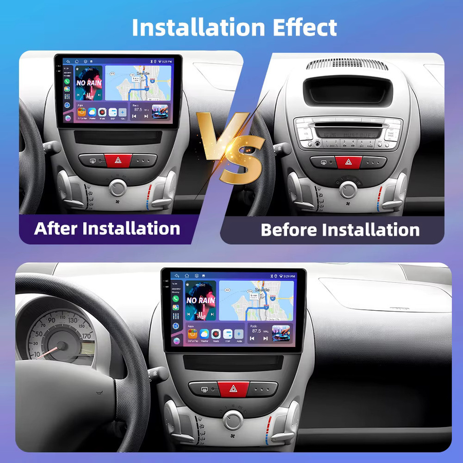 Podofo 10 Zoll Android Autoradio mit kabellosem CarPlay, GPS, Bluetooth und DSP für Toyota Aygo 2004-2014, Peugeot 107 und Citroen C1 in Schwarz - Bild 2