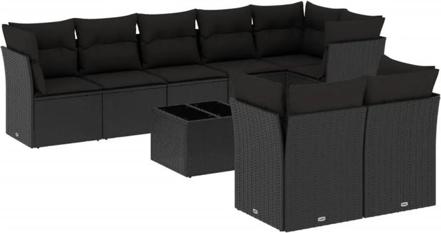 vidaXL 9-tlg Garten-Sofagarnitur aus Poly-Rattan mit Kissen in Schwarz - Bild 1
