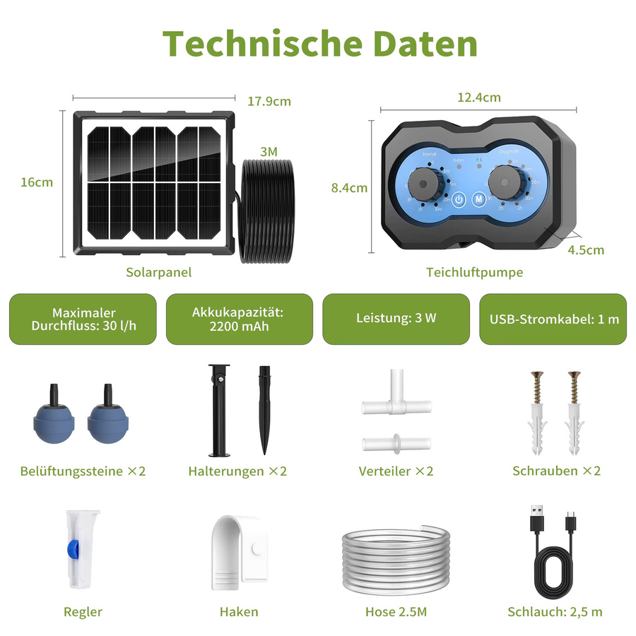 Forever Speed Solar Teichbelüfter mit Akku und USB-Doppelladen, Aufladbare Sauerstoffpumpe für Teich, Aquarium und Fischzucht in Schwarz mit 146 einstellbaren Modi - Bild 8