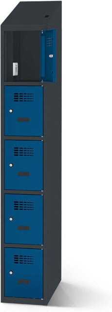 rotstahl Fächerschrank mit Ladefunktion in Dunkelblau und anthrazitgrauem Korpus, 5 Fächer, B: 30 cm, H: 200 cm - Bild 1
