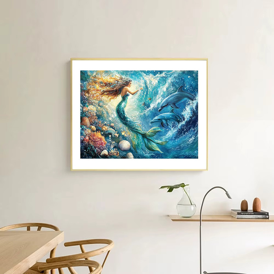 Huacan Diamantgemälde Unterwassertiere mit Meerjungfrau und Delfin, Wanddekoration in Mehrfarbig, B/H: 30 x 20 cm - Bild 3