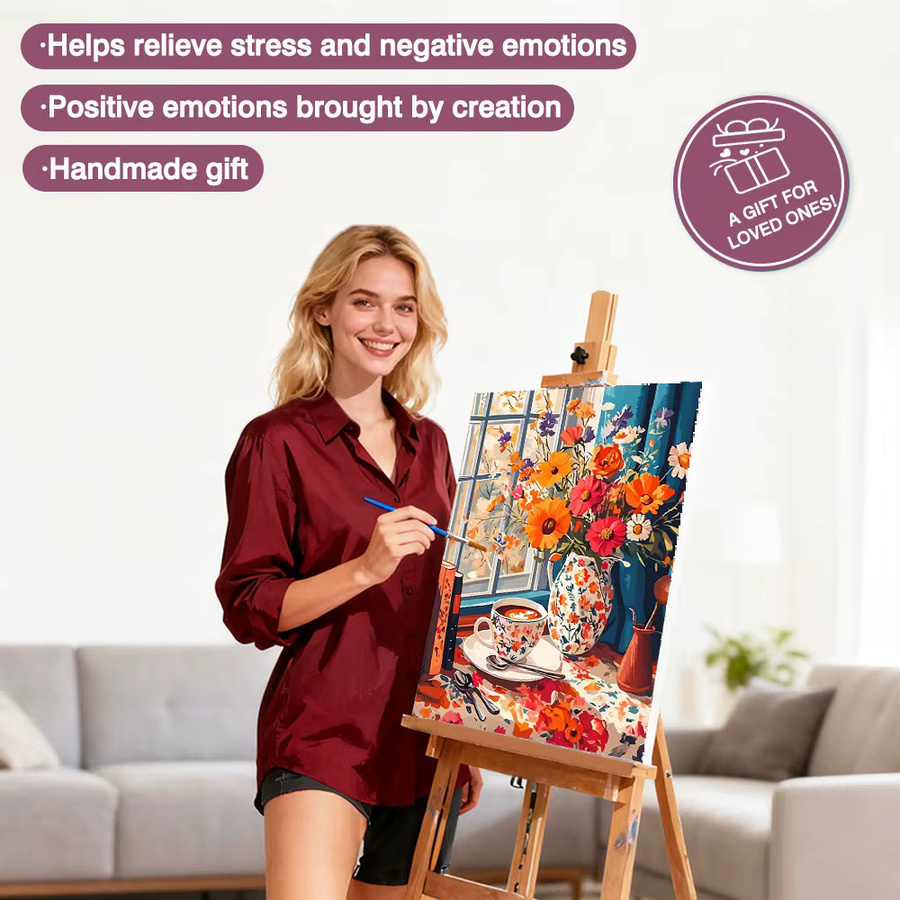 Huacan DIY-Ölgemälde nach Zahlen für Anfänger mit Blumenvase und Kaffeetasse, Mehrfarbiges Leinwand-Kunstset zur Heimdekoration - Bild 3