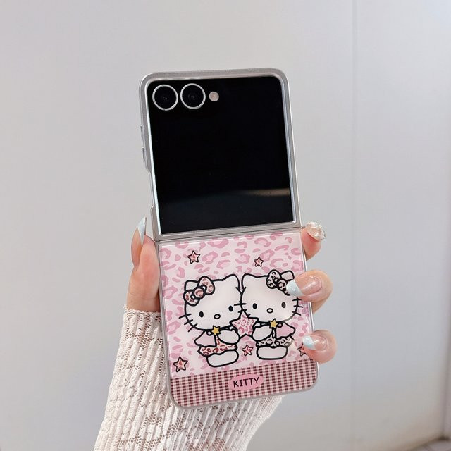 Sanrio Handyhülle mit Leopardenmuster für Samsung Galaxy Z Flip 7, Z Flip 6 und Z Flip 5 in Pink mit galvanisiertem Rahmen und stoßfestem Schutz - Bild 1