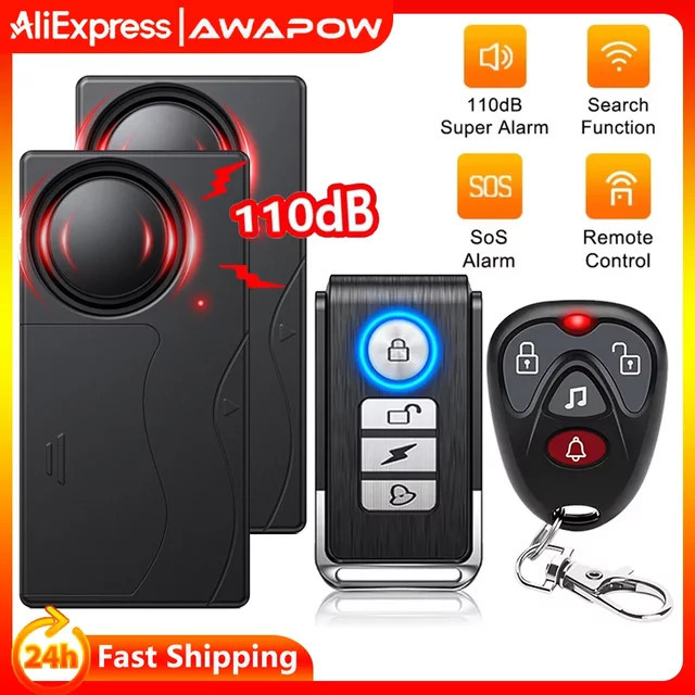 Awapow Drahtloser Vibrationsalarm mit Fernbedienung für Fahrrad, Motorrad, Tür und Fenster, 110dB, Schwarz - Bild 1
