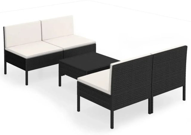vidaXL 5-tlg. Garten-Lounge-Set in L-Form aus Poly Rattan mit Auflagen und Couchtisch, Schwarz - Bild 1