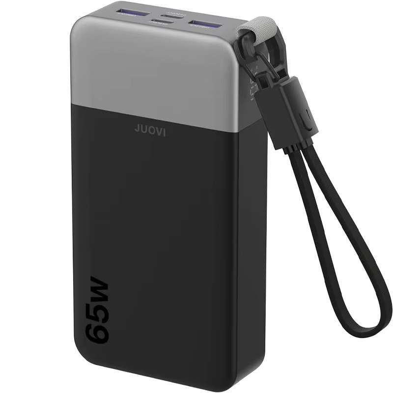 JUOVI Tragbares Ladegerät 65W 20000mAh Powerbank mit integriertem USB-C-Kabel in Schwarz für Laptop, MacBook und Smartphones - Bild 9