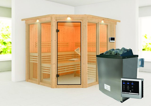 Karibu Sauna Airin 3 in Natur mit 9,0 kW Ofen, externem Steuergerät und LED-Dachkranz, B/T/H: 231 x 210 x 202 cm - Bild 1