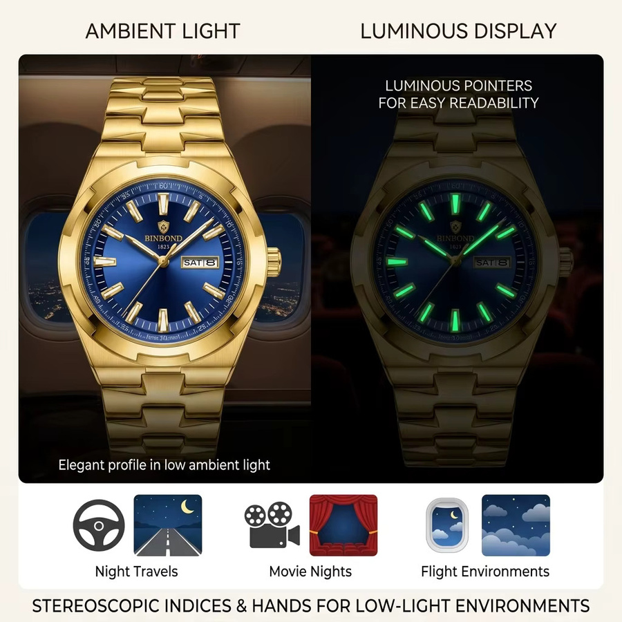BINBOND Armbanduhr, Quarz, Edelstahl, Gold, blaues Zifferblatt, Herren - Bild 5