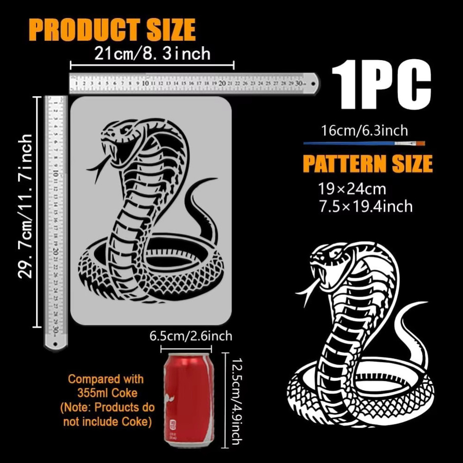 Wiederverwendbare Cobras Schablonen aus Kunststoff mit Pinsel, Schlangen-Dekorationsvorlage für Tier-Muster, Breite: 29,7 cm, Höhe: 25,6 cm - Bild 2