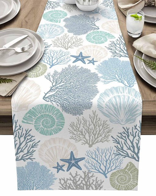 JINGYUE Pet Tischläufer Maritim mit Koralle und Seestern, Weiß, B/T: 150 x 33 cm - Bild 1
