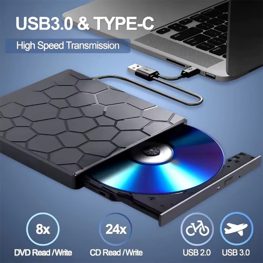 Kebidumei 7-in-1 Externes DVD-Laufwerk mit USB 3.0 und USB-C, CD/DVD-Brenner in Schwarz für Mac, Windows und Linux - Bild 2