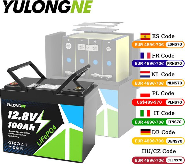 YULONGNE LiFePO4 Batterie 12V 100Ah 12,8V 300Ah Wiederaufladbare Lithium-Batterie mit BMS-Schutz 1280Wh Energiespeicherbatterie in Schwarz für Marine, Wohnmobile und Solaranlagen - Bild 1