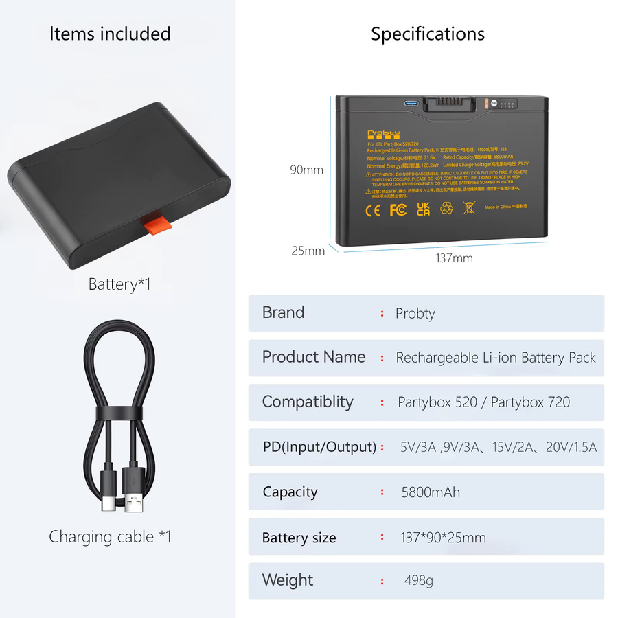 JBL Ersatzakku 5800 mAh in Schwarz mit USB-C PD Schnellladeanschluss für Partybox 520, Partybox 720 und Boombox 4 Bluetooth-Lautsprecher - Bild 3