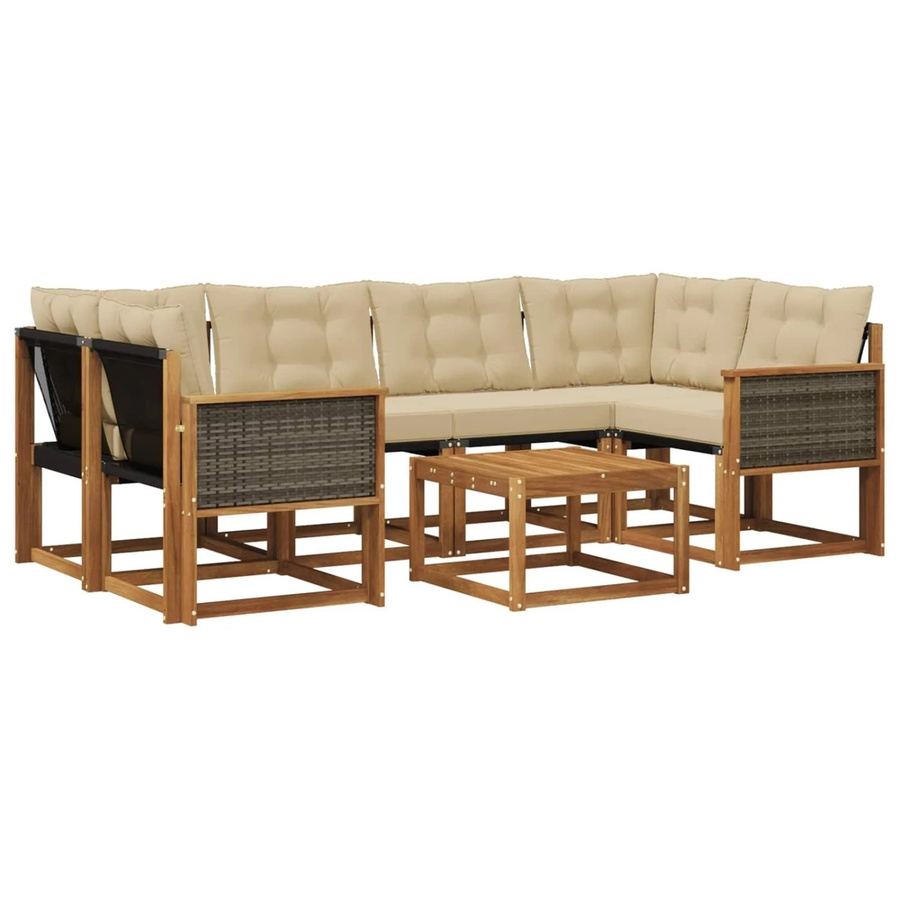 vidaXL Outdoor-Sofagarnitur L-Form aus Akazienholz mit 7 Textilene-Kissen in Natur und Beige - Bild 2