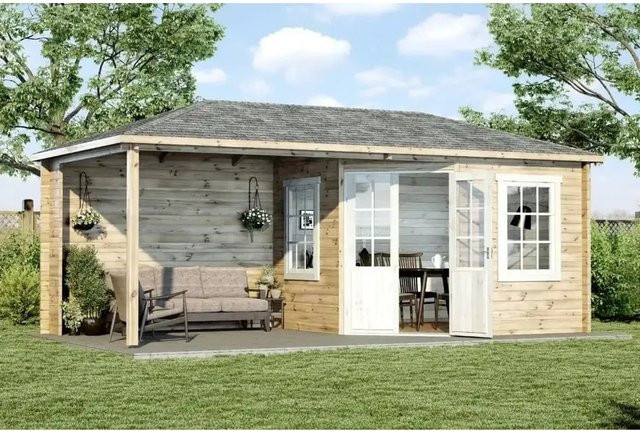Alpholz 5-Eck Gartenhaus Mosel mit Vordach, Unbehandelt, Braun, B: 578 cm x T: 280 cm - Bild 1