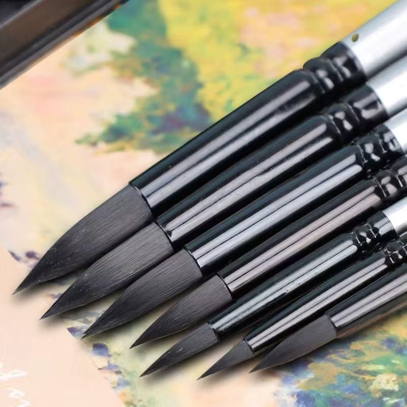 7-teiliges Kunstpinsel-Set von CHENJ mit Holzgriff in Schwarz für Gouache und H2O-Malerei mit runden und spitzen Spitzen für Anfänger und Erwachsene - Bild 2