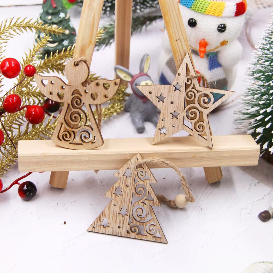 Tissy 12er Set hölzerne Weihnachtsanhänger aus Naturholz mit Sternen, Engeln und Bäumen für DIY Bastelarbeiten und Baumschmuck - Bild 1