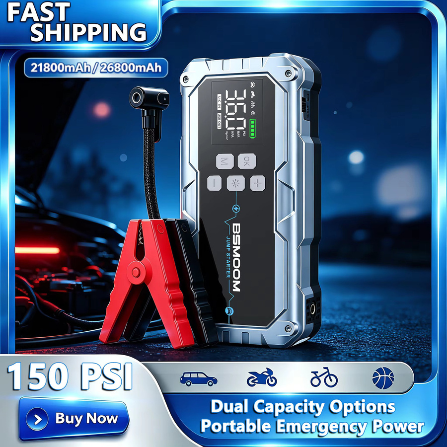 BSMOOM 2-in-1 Auto-Notfall-Starthilfe mit 26800mAh Powerbank, 1500A Spitzenstrom und digitalem 150PSI Reifenfüller inklusive LED-Taschenlampe und LCD-Reifendruckmonitor - Bild 2