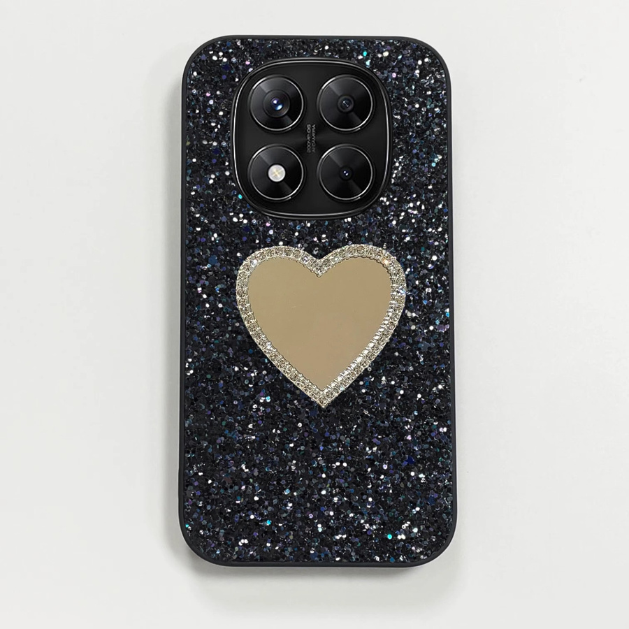Luxuriöse Handyhülle aus Glitzer-Leder mit Strass und Herz-Spiegel für Xiaomi Redmi Note 14 15 4G 5G Pro in Schwarz - Bild 3