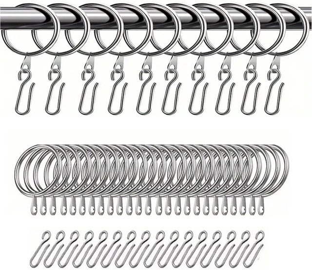 Set aus 40 Teilen: 20 Vorhangringe und 20 Vorhangnadeln aus Metall in Silber für Fenster, Türen und Duschen - Bild 1