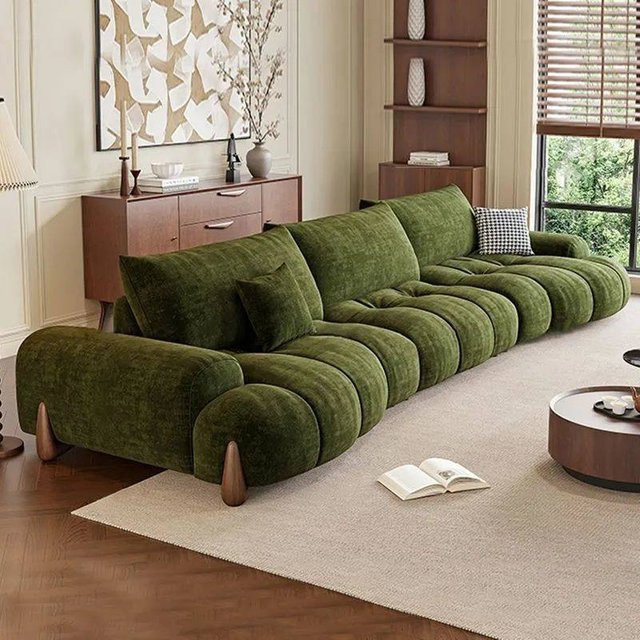MDNG Vierpersonen-Sofa im Retro-Stil mit gerader und geschwungener Form, Polstersofa aus Stoff in Grün für dein Wohnzimmer - Bild 1