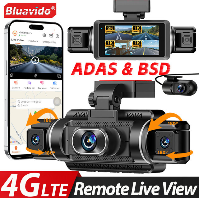 Bluavido 4-Kanal 4G LTE Dashcam mit 1440P Frontkamera und dreifacher 1080P Rückkamera, Schwarz, mit GPS, WLAN, ADAS, BSD und Fernüberwachung - Bild 1