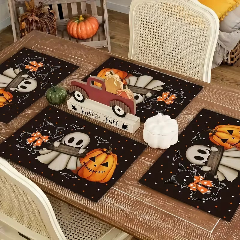 VIKAMA 4-teiliges Halloween-Tischset Set mit schwarzer Katze und Geist in Schwarz - Bild 4