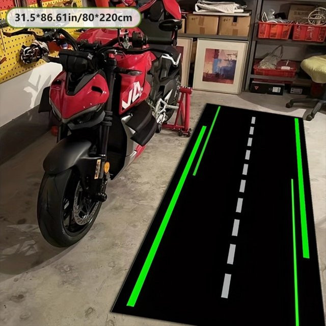 VIKAMA Motorrad-Parkmatte in Schwarz, rutschfeste und ölabsorbierende Garagenbodenmatte im Fahrbahn-Stil - Bild 1