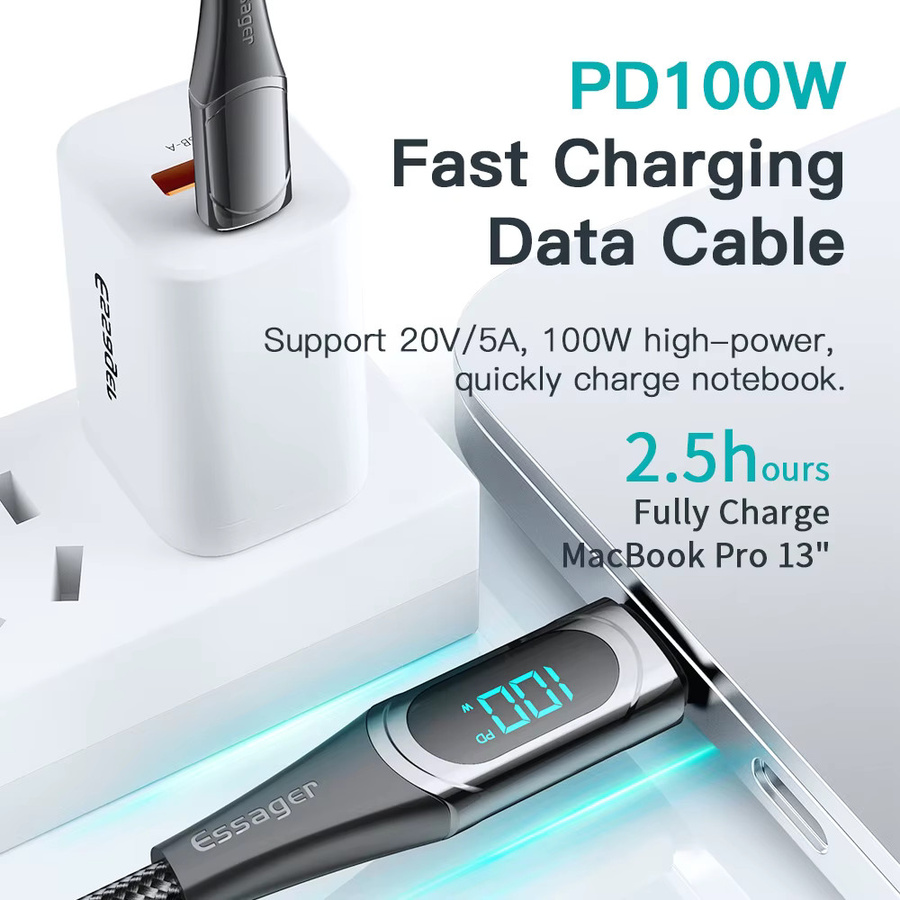 Essager USB Typ C auf USB C Kabel mit 100 W/5 A PD Schnellladung in Schwarz, Länge: 2 m - Bild 2