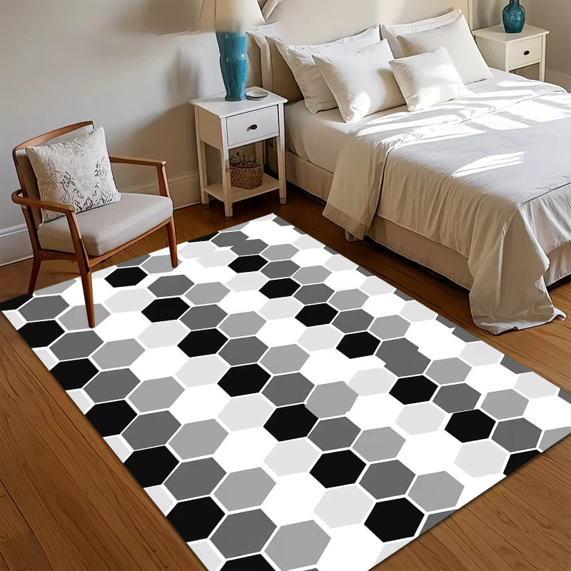Moderner sechseckiger Mosaik-Teppich in Schwarz-Weiß-Grau, weich, rutschfest und waschbar für Wohnzimmer und Schlafzimmer - Bild 2