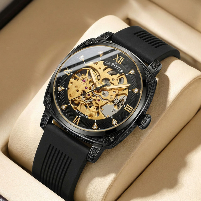 CAROTIF Armbanduhr Mechanisch, Goldzifferblatt, Silikonarmband, Herren - Bild 1