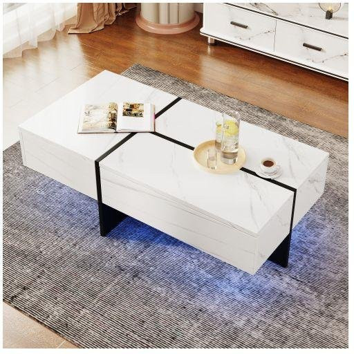 Couchtisch MUVOE in weißer Marmoroptik mit LED-Beleuchtung und 3 Schubladen, B/T/H: 100 x 50 x 34,5 cm - Bild 1