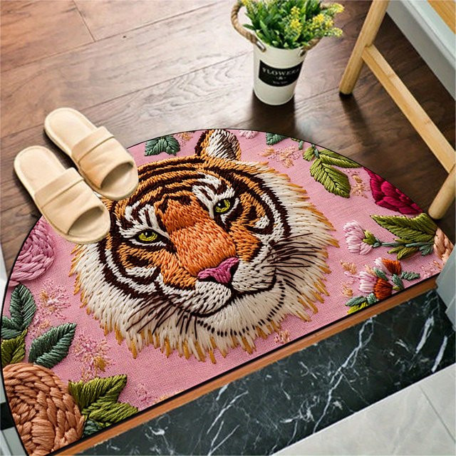 VIKAMA Halbkreisförmige Bodenmatte mit Tiger- und Blumenmuster in Rosa, dekorativer Teppich für den Eingangsbereich, B: 60 cm, T: 40 cm, H: 1 cm - Bild 1