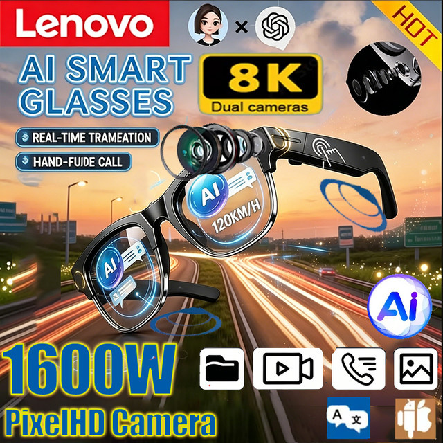 Lenovo Smart-Brille 8K AI in Schwarz mit HD-Display, KI-Übersetzung, KI-Chat, Protokollierung und Freisprechfunktion - Bild 1