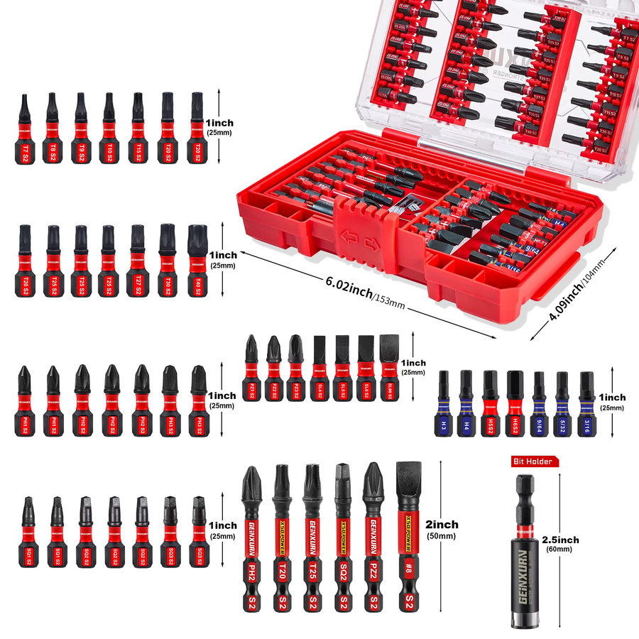 Geinxurn 49-teiliges Schlagschrauber-Bit-Set aus S2-Stahl in Rot mit robustem Koffer und Bithalter - Bild 2