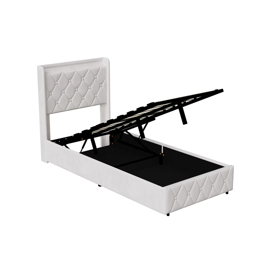 Comanlai Einzelbett mit hydraulischem Stauraum und gepolstertem Kopfteil, Breite: 90 cm, Tiefe: 200 cm, Farbe: Beige/Weiß - Bild 4