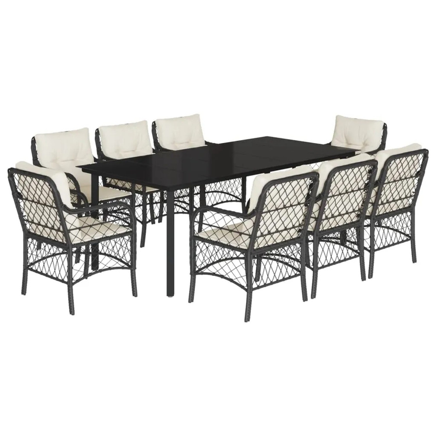 vidaXL 9-teilige Garten-Essgruppe aus Poly Rattan in Schwarz mit cremeweißen Kissen und Glastisch - Bild 2