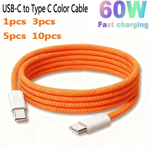 USB-C auf USB-C Schnellladekabel mit 60W Leistung, bunt gewebtes Ladekabel für iPhone 16, 15 Pro, Huawei, Xiaomi und Samsung - Bild 1