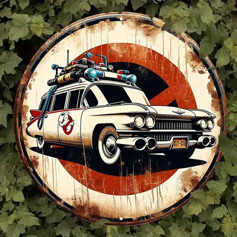 HELLOYOUNG Wanddekoration Ghostbusters Ecto-1 Auto Vintage Metallschild aus Aluminium, Runde Wandkunst Durchmesser: 20 cm - Bild 4