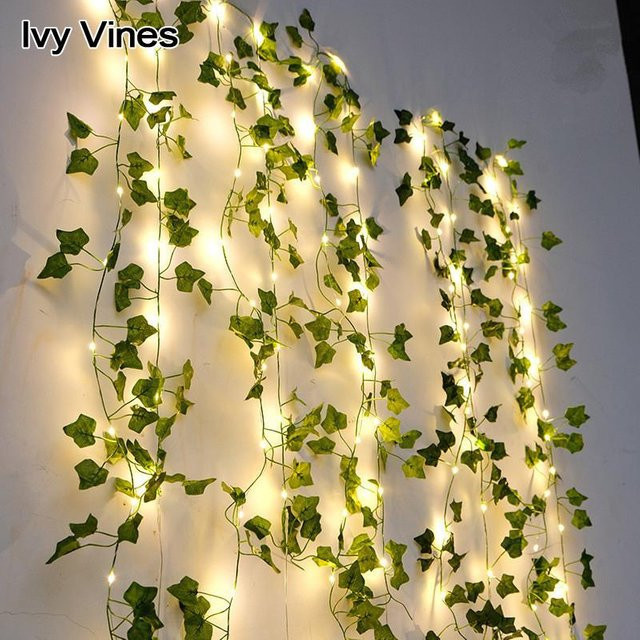 Lucky Black Cat LED Lichterkette mit künstlicher grüner Weinrebe, warmweißes Licht, USB-betrieben, Länge: 2 m - Bild 1