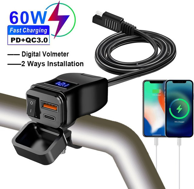 Wasserdichtes Motorrad USB Ladegerät für Lenker mit PD und QC3.0 Dual USB Buchsen, 60 W, 12 V Netzteil Adapter mit Schalter und Voltmeter, Schwarz - Bild 1