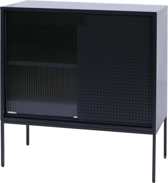 MCW Kommode O90 Industrial Sideboard aus Metall mit Schiebetüren und Schilfglas in Schwarz, B/T/H: 85 x 45 x 80 cm - Bild 2