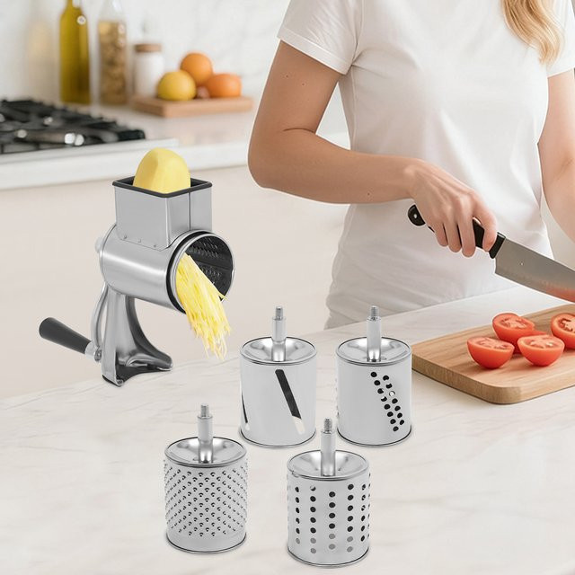 Bymaocar Manuelle Rotationsreibe aus Edelstahl in Silber mit 4 austauschbaren Trommeln für Gemüse und Obst - Bild 1