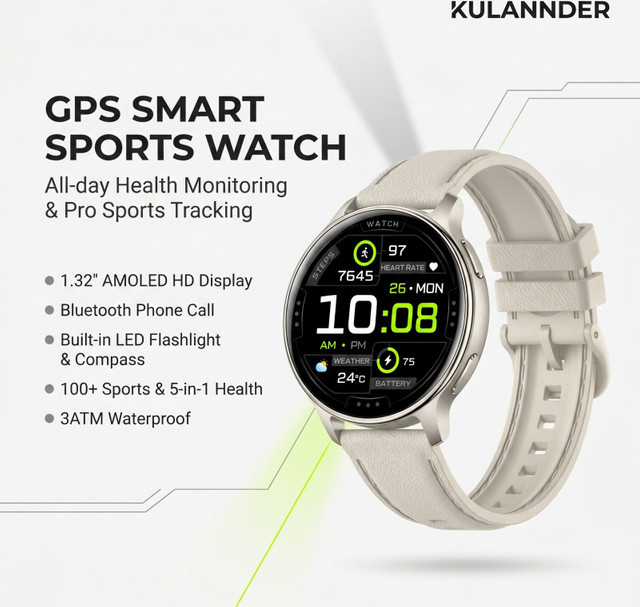 KULANNDER GPS-Smartwatch mit 1,32 Zoll AMOLED Display in Schwarz mit Bluetooth-Anrufen, Höhenmesser, Barometer, Kompass und LED-Taschenlampe, 3ATM wasserdicht und ultraleicht mit 41g - Bild 1